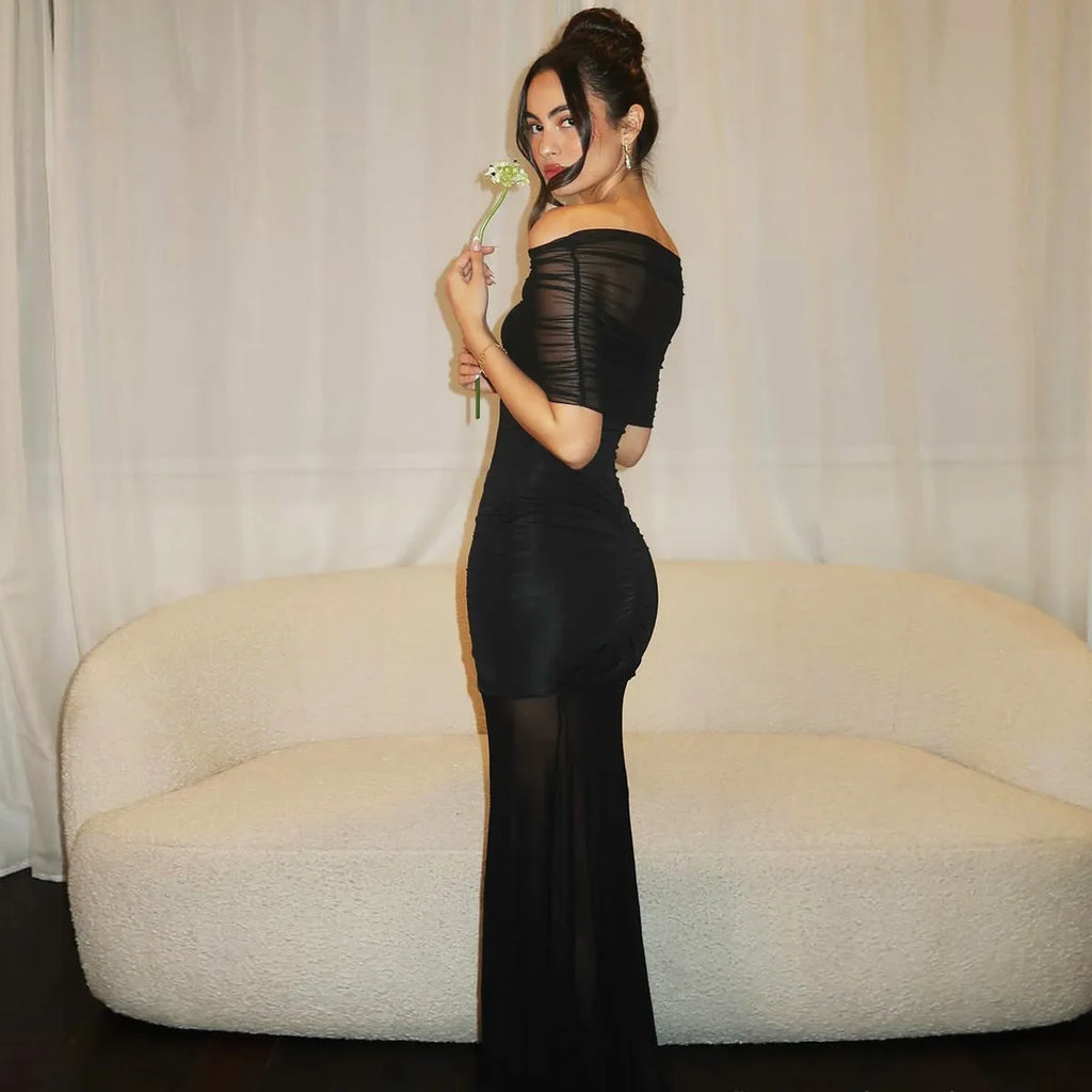 Lily Monroe Black Elegant Folds Maxi Dress