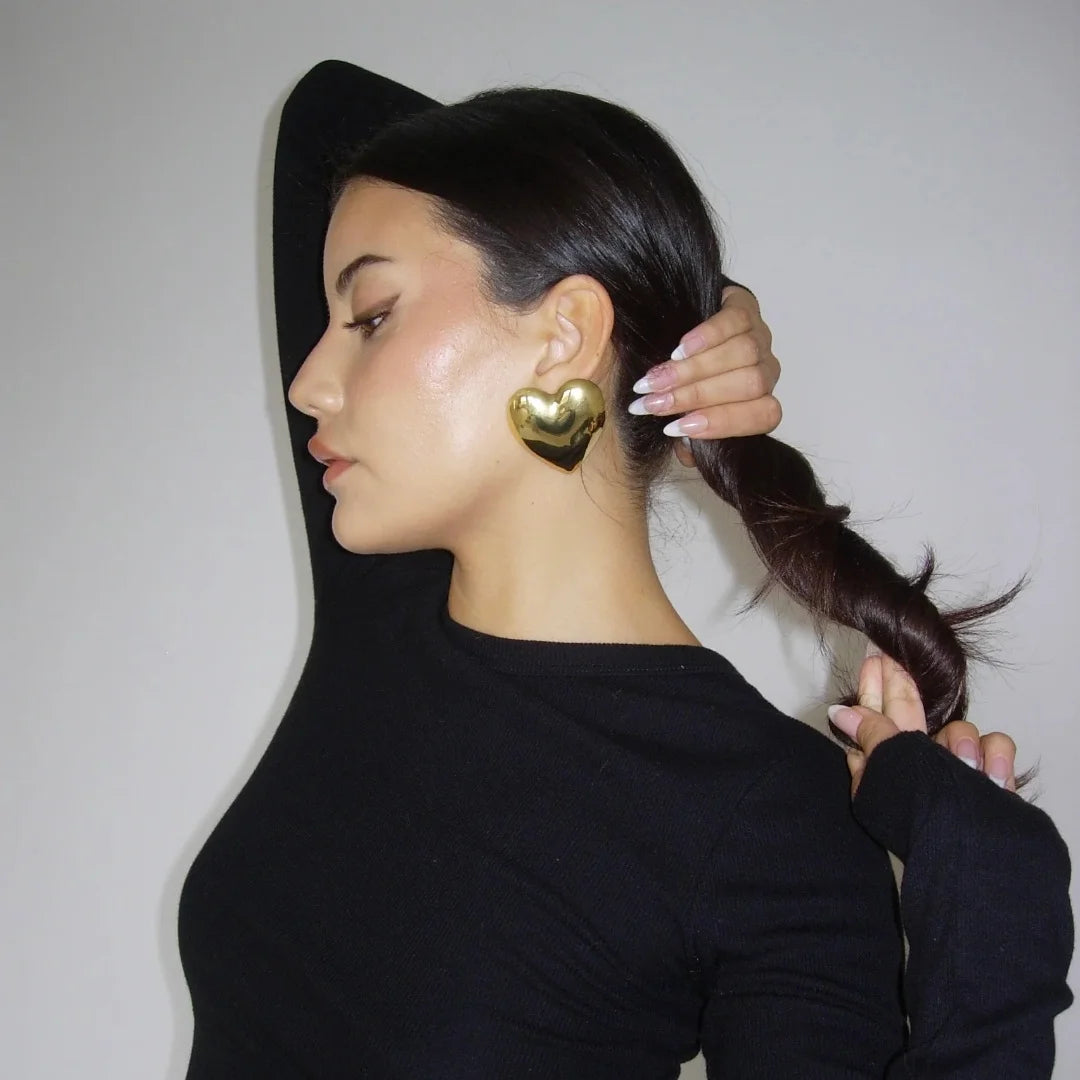 Glossy Gold Puffed Heart Earrings