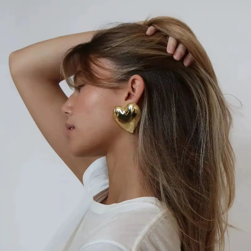 Glossy Gold Puffed Heart Earrings