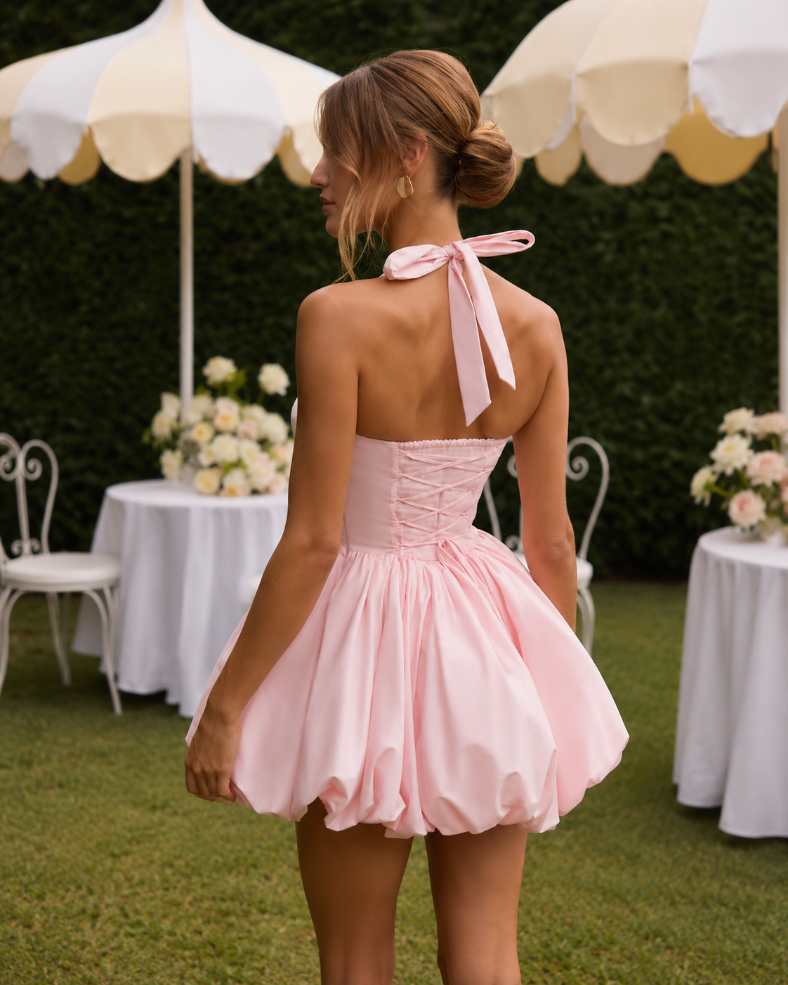 Camellia Pink Bubble Hem Mini Dress