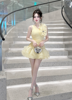 Strictly Iconic Yellow Ruched Party Dress