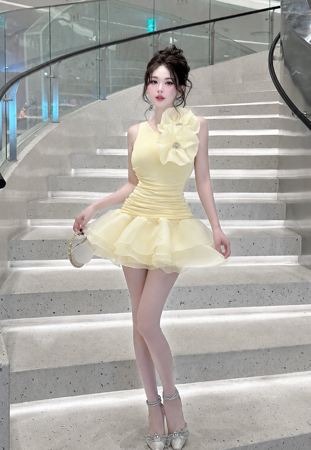 Strictly Iconic Yellow Ruched Party Dress