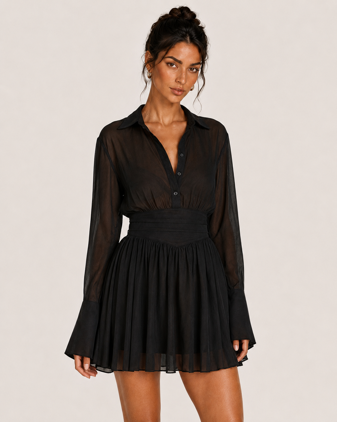 Amelia Black Long Sleeve Shirt Mini Dress