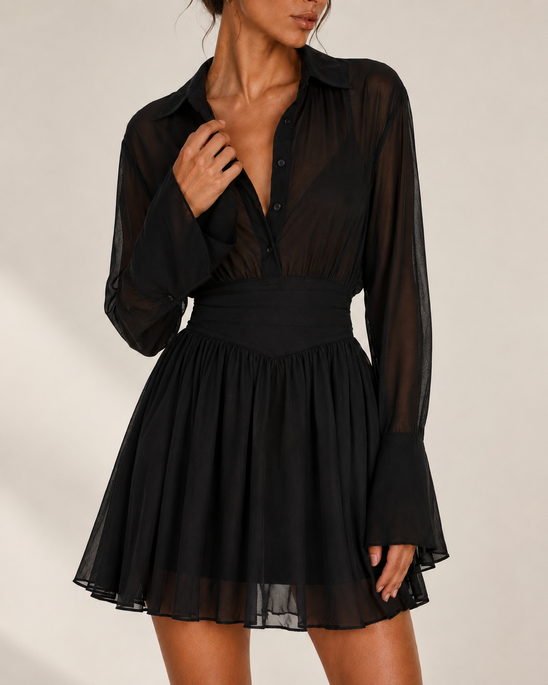 Amelia Black Long Sleeve Shirt Mini Dress