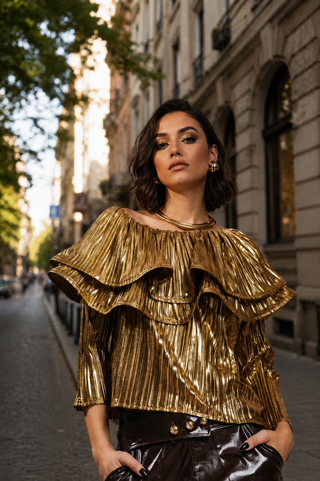 Glam Gold Pleated Ruffle Top