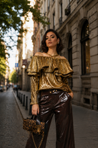Glam Gold Pleated Ruffle Top