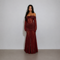 Evelyn Wine See-Through Lace Maxi Dress