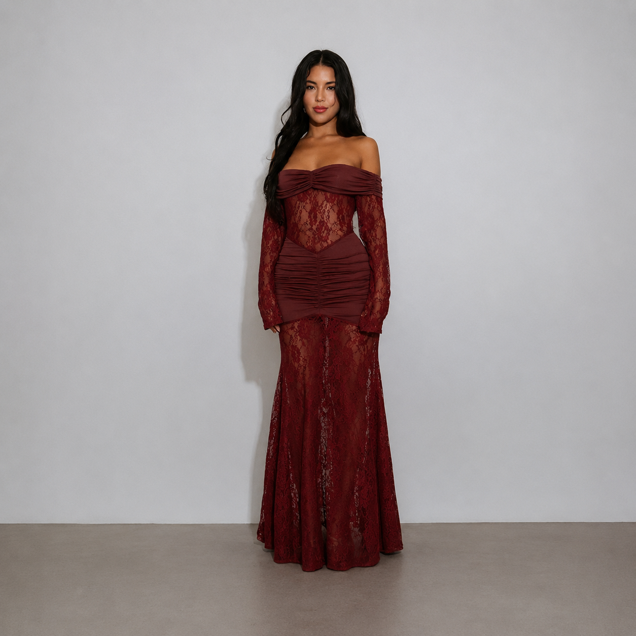 Evelyn Wine See-Through Lace Maxi Dress