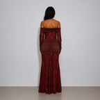 Evelyn Wine See-Through Lace Maxi Dress