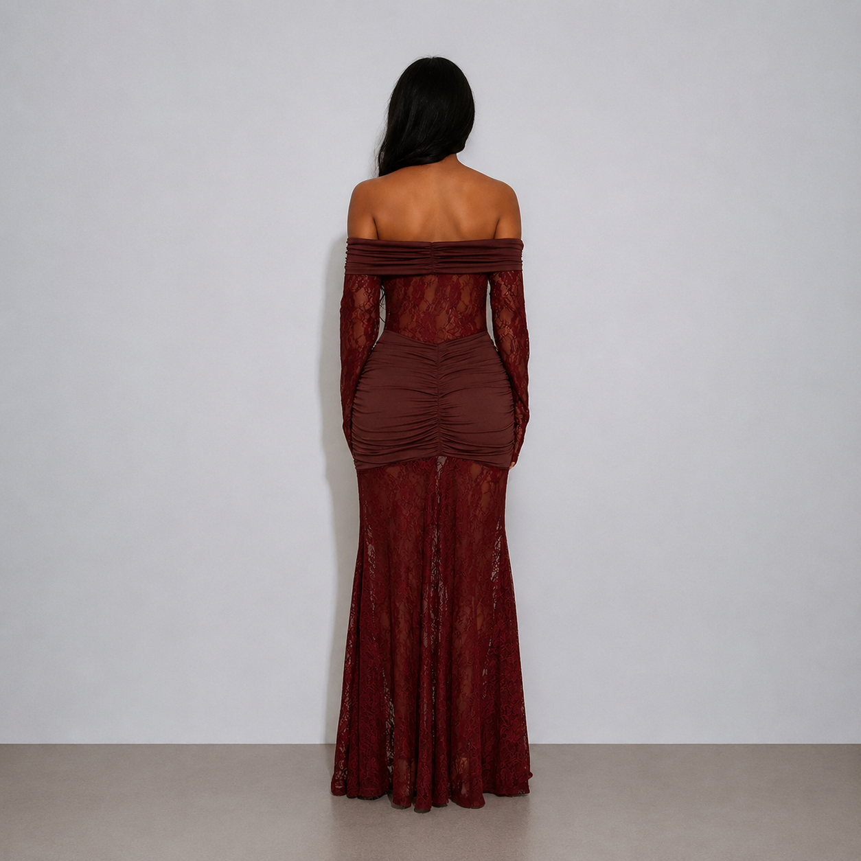 Evelyn Wine See-Through Lace Maxi Dress