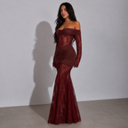 Evelyn Wine See-Through Lace Maxi Dress