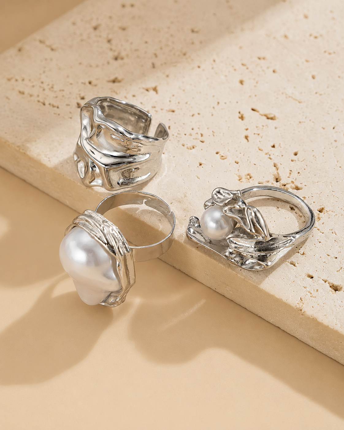 Liquid Silver Treasure Baroque Pearl Ring Set