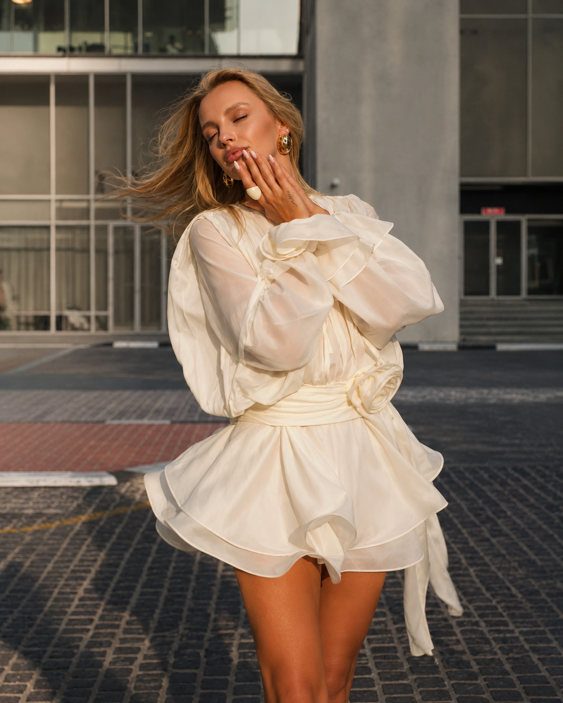 Mia White Long Sleeve Mini Dress with Flowered Belt