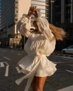 Mia White Long Sleeve Mini Dress with Flowered Belt