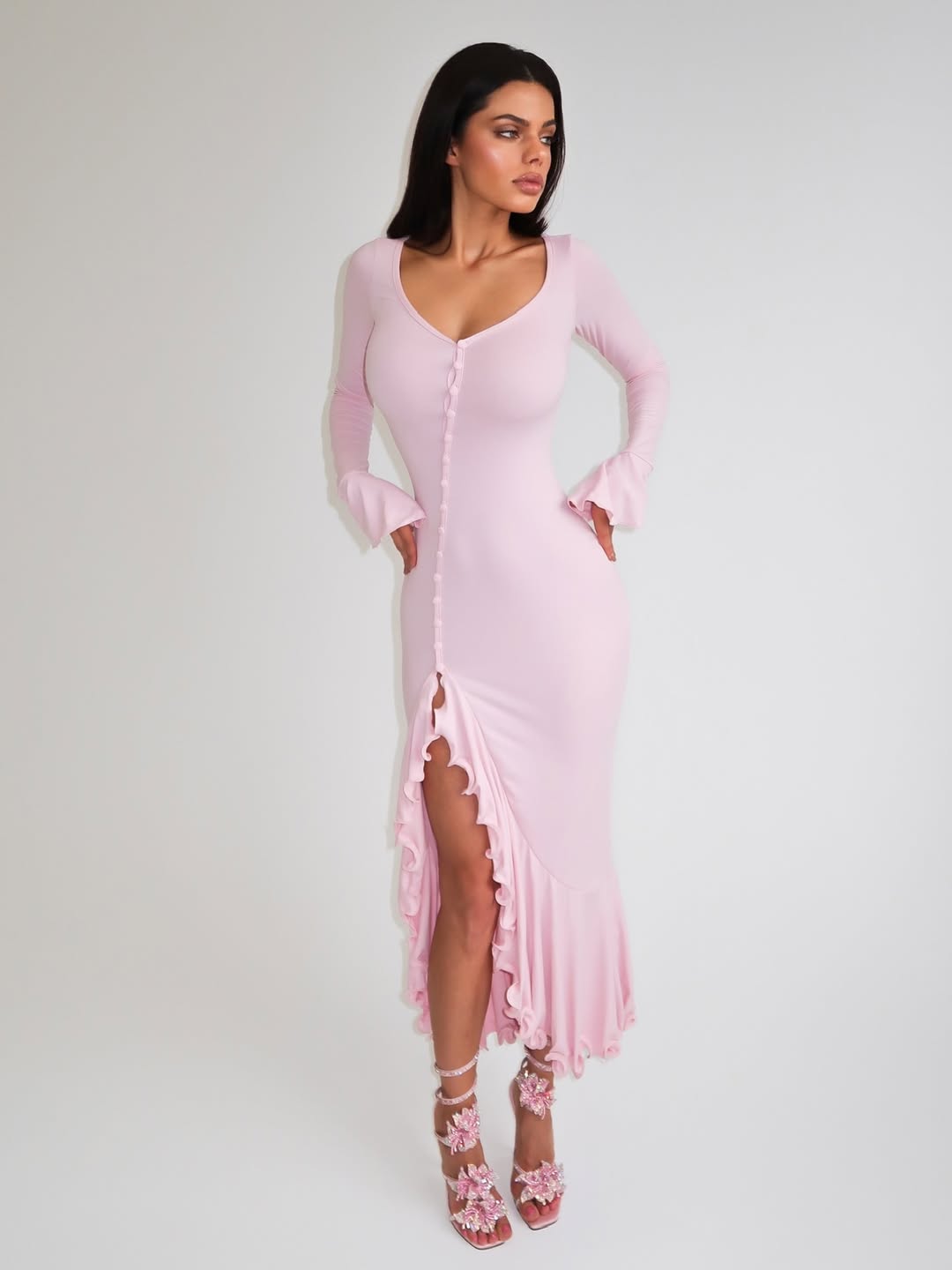 Audrey Pink Ruffled Midi Dress