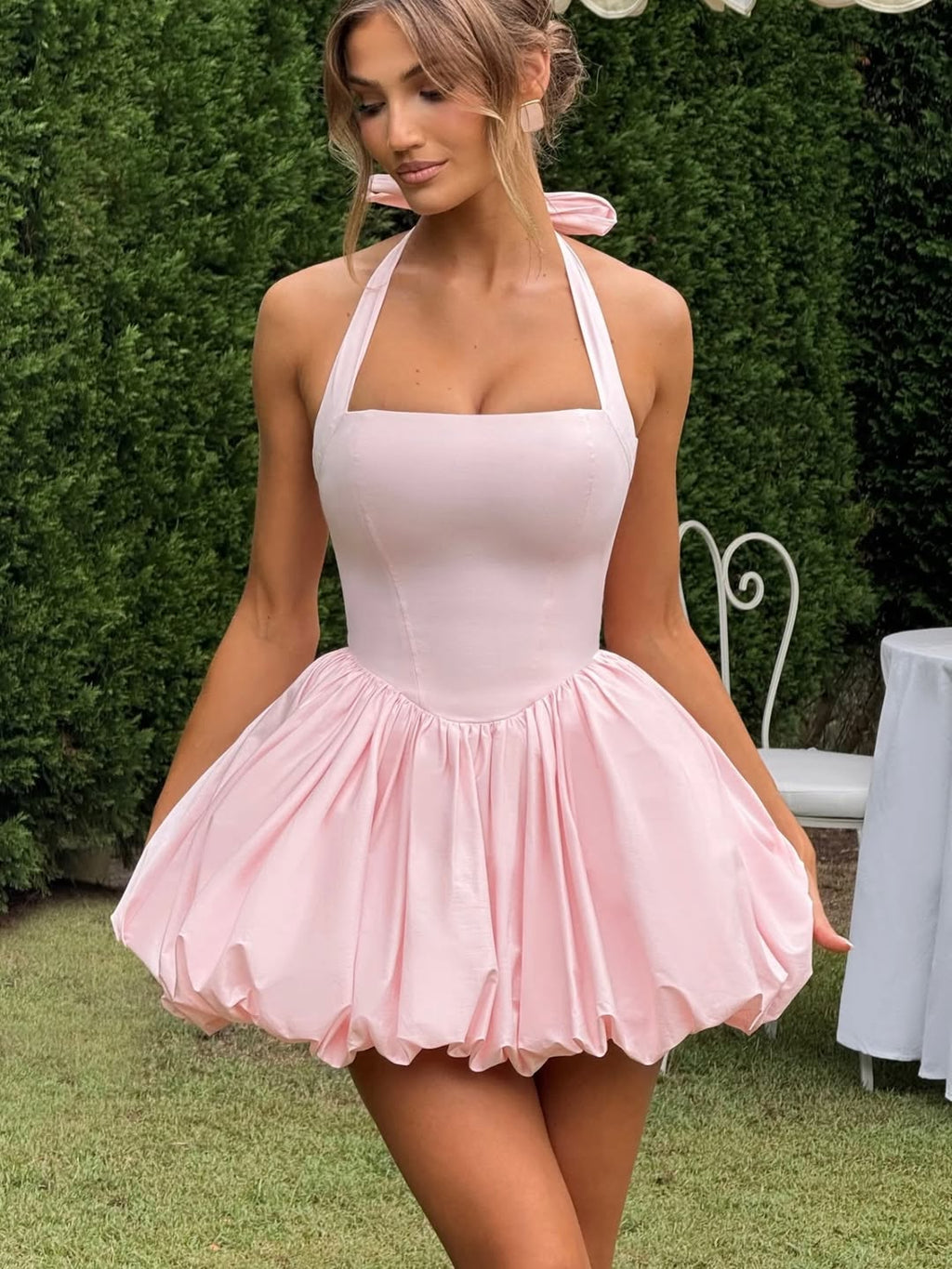 Camellia Pink Bubble Hem Mini Dress