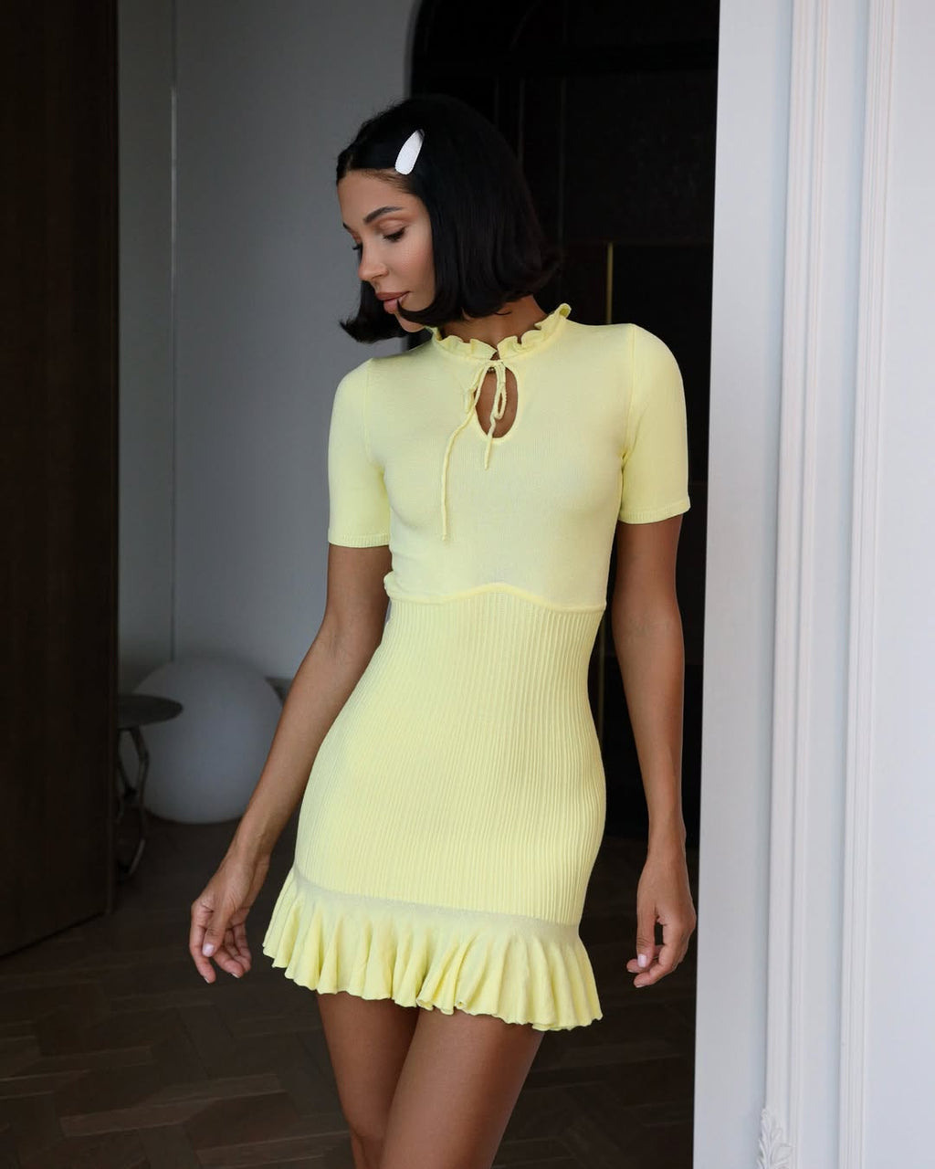 Melrose Light Yellow Ruffle Hem Mini Dress