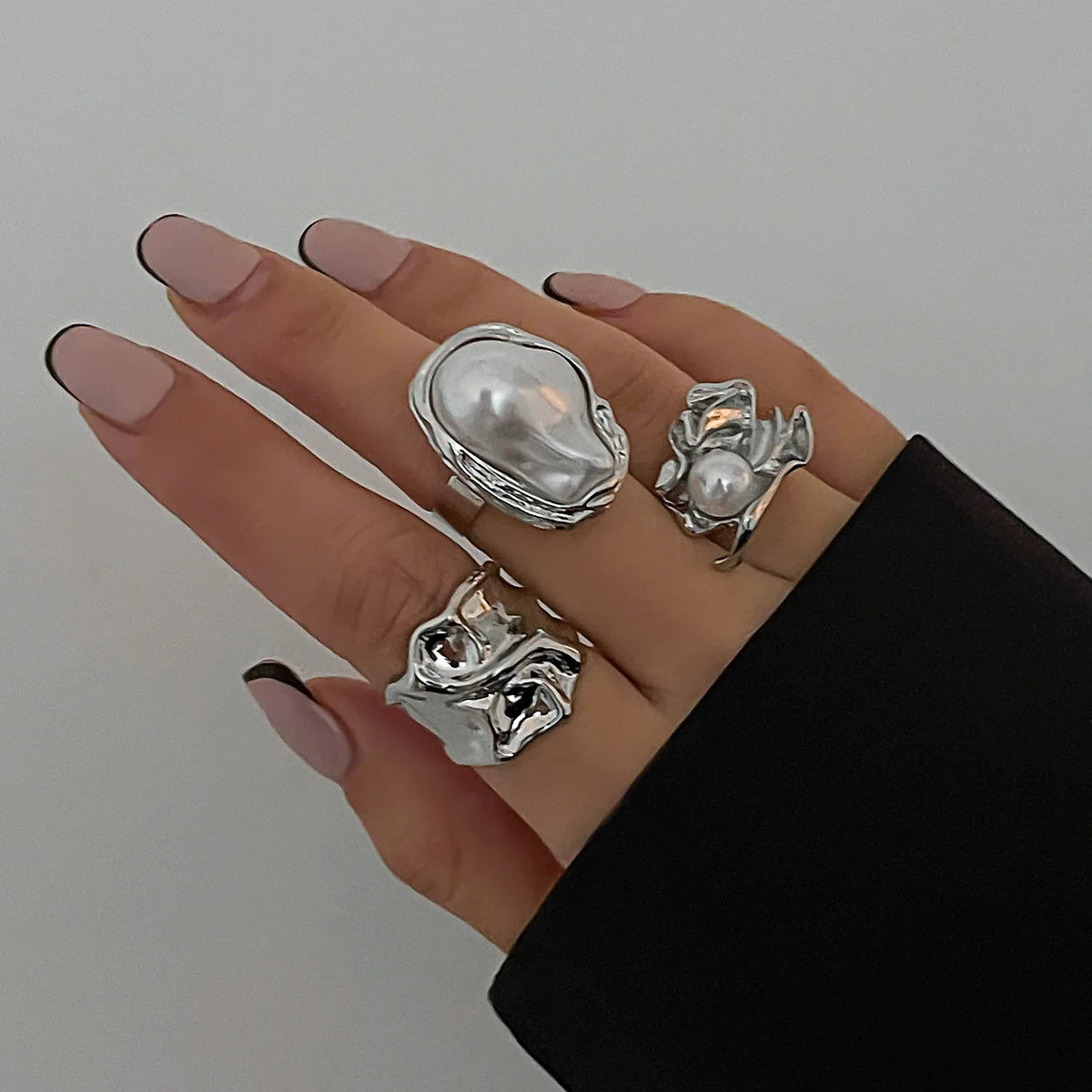 Liquid Silver Treasure Baroque Pearl Ring Set