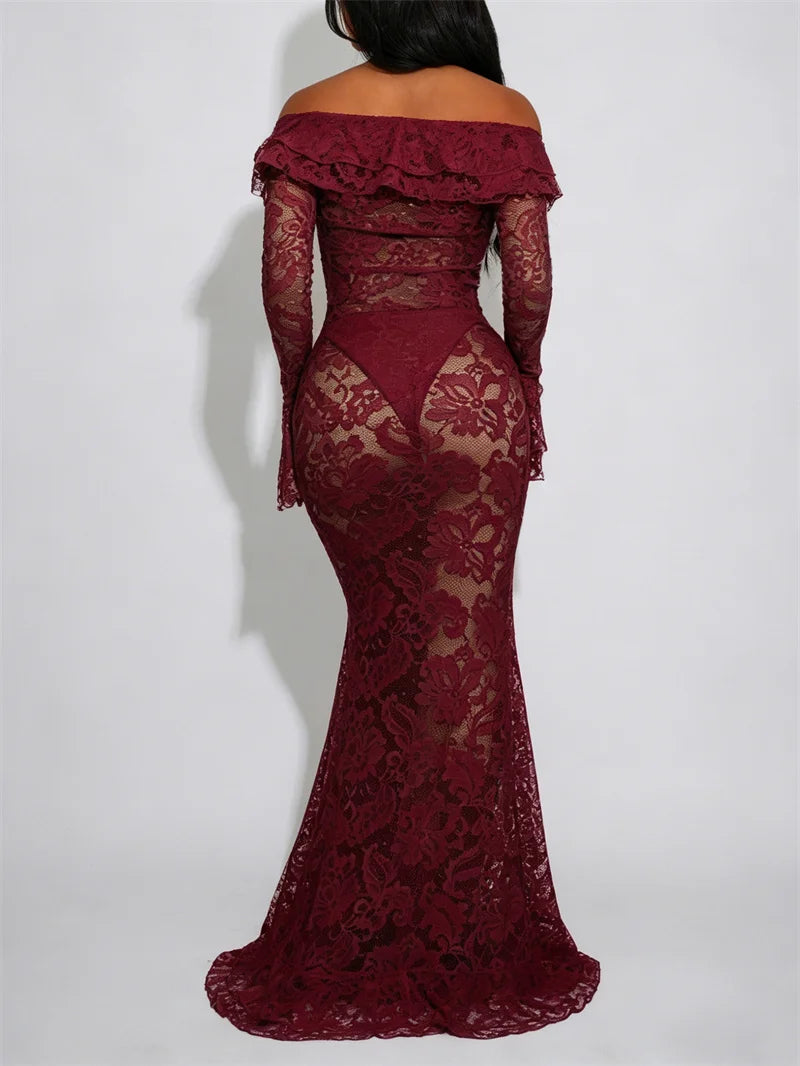 Carmen Burgundy Sheer Lace Maxi Dress