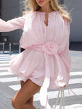 Mia Pink Long Sleeve Mini Dress with Flowered Belt