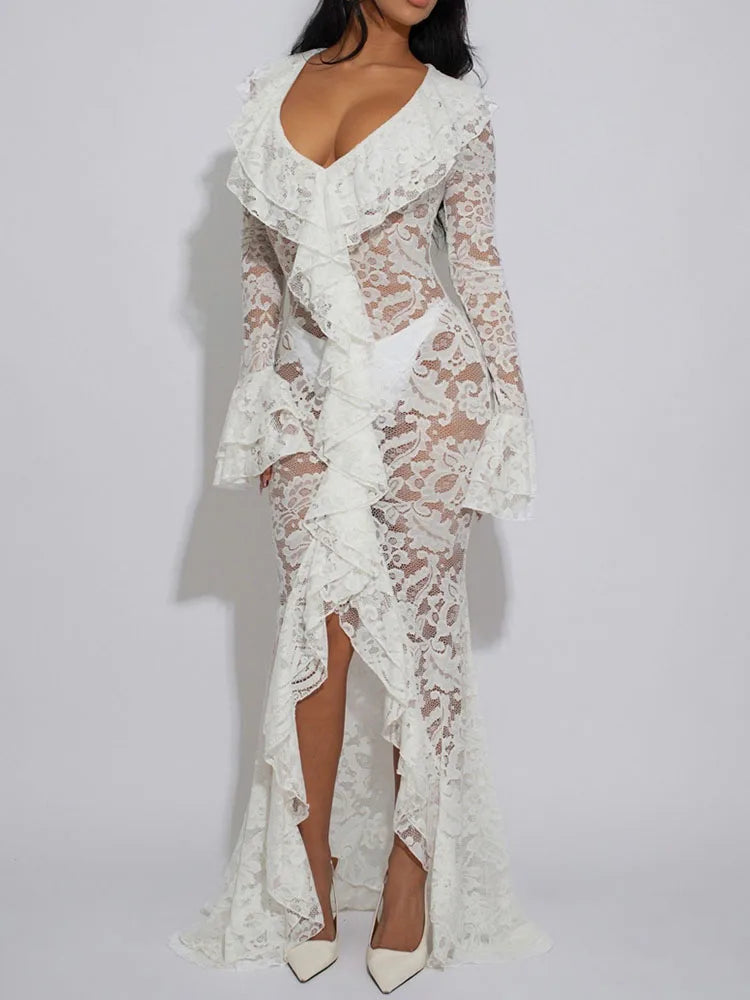 Carmen White Sheer Lace Maxi Dress