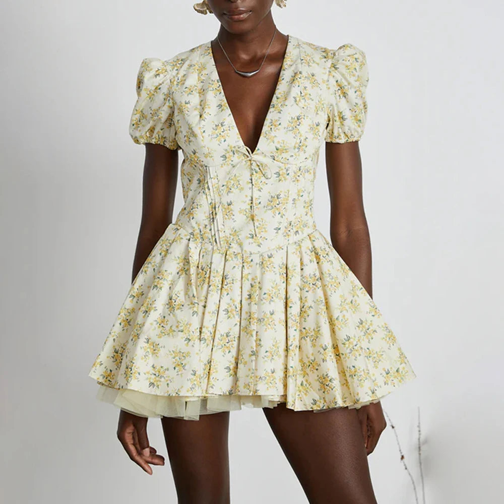 Lunika Yellow Garden Corset Mini Dress