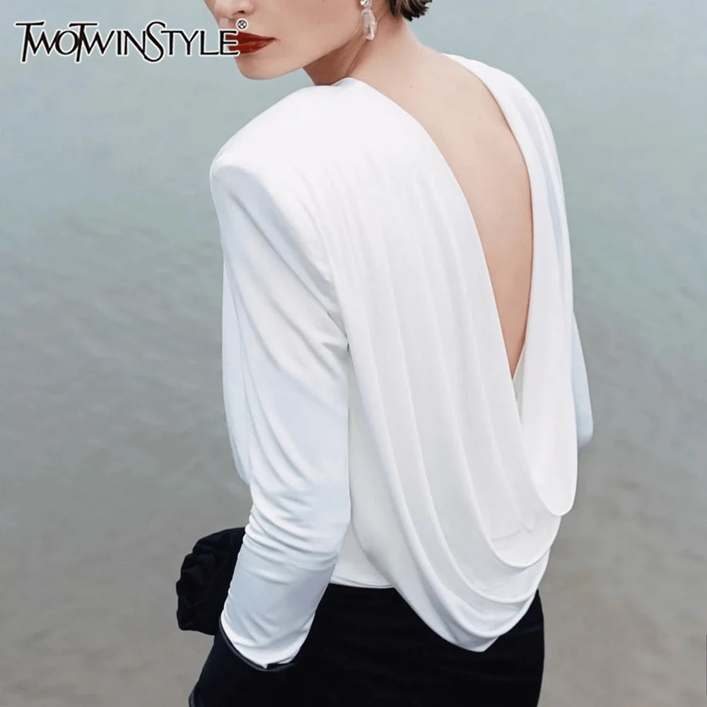Silk White Deep Cowl Back Top