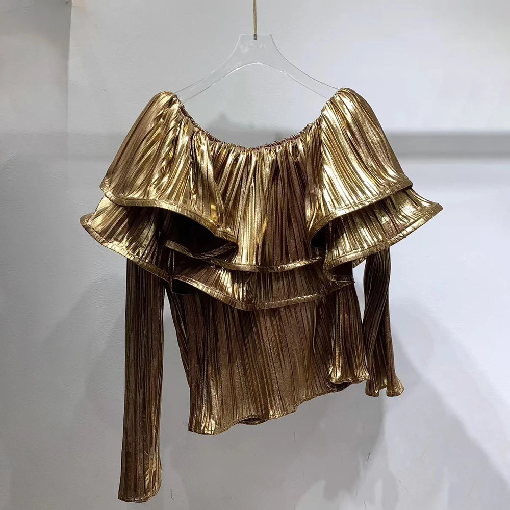 Glam Gold Pleated Ruffle Top
