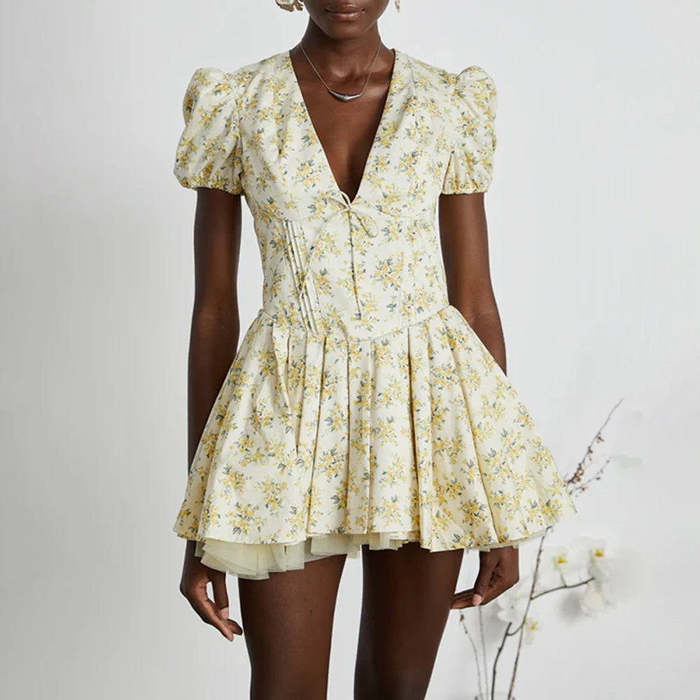 Lunika Yellow Garden Corset Mini Dress