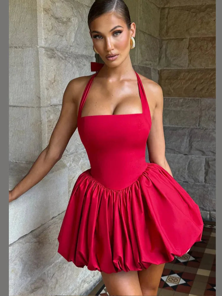 Camellia Red Bubble Hem Mini Dress