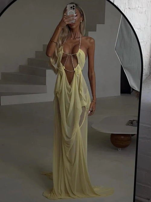 All Eyes On Me Yellow Draped Maxi Dress