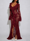 Carmen Burgundy Sheer Lace Maxi Dress