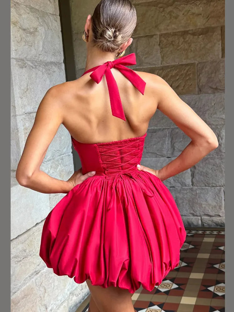 Camellia Red Bubble Hem Mini Dress