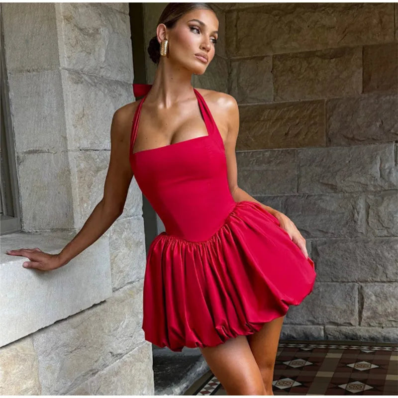 Camellia Red Bubble Hem Mini Dress