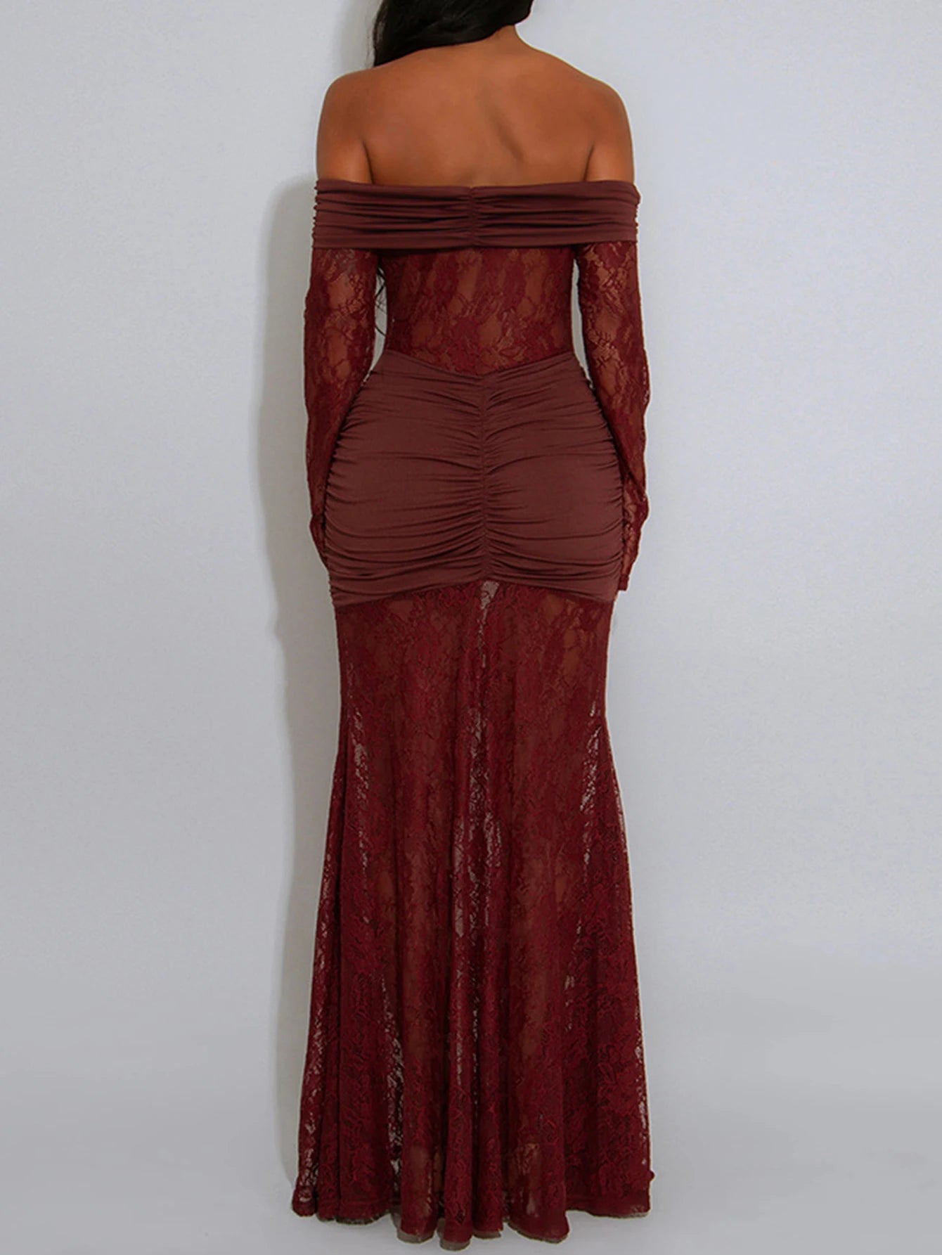 Evelyn See Through Lace Wine Maxi Dress