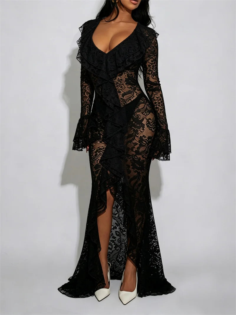 Carmen Black Sheer Lace Maxi Dress