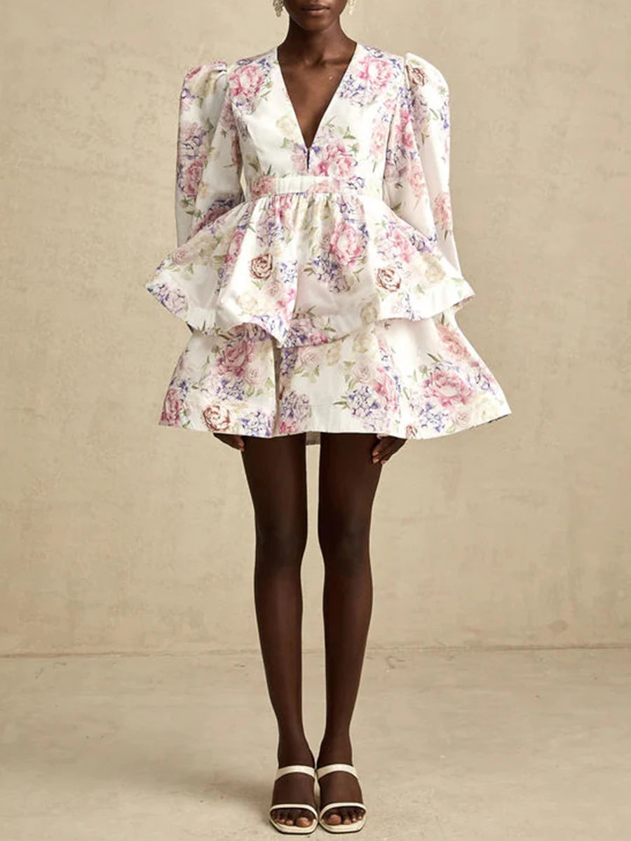 Julietta Ivory Floral Tiered Mini Dress