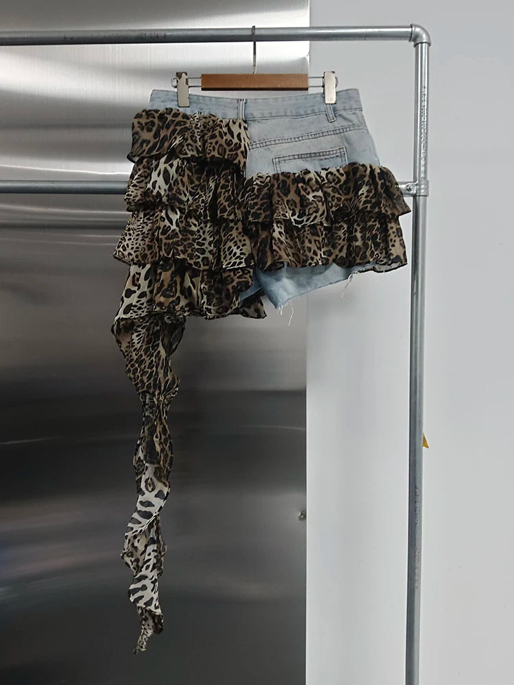 Feral Denim Leopard Ruffle Shorts