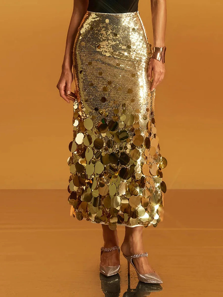 Starlet Gold Disc Sequin Maxi Skirt