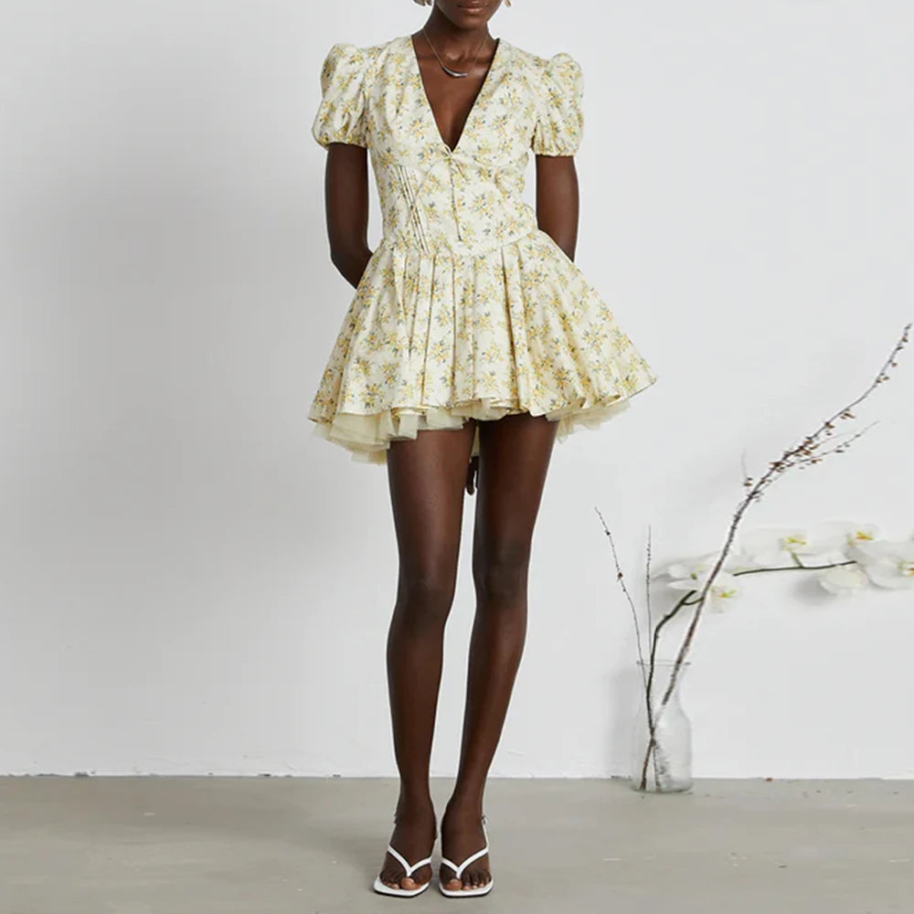 Lunika Yellow Garden Corset Mini Dress