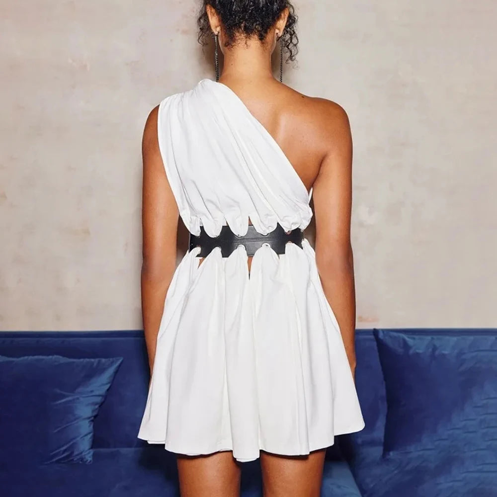 Empire State White One-Shoulder Grommet Mini Dress