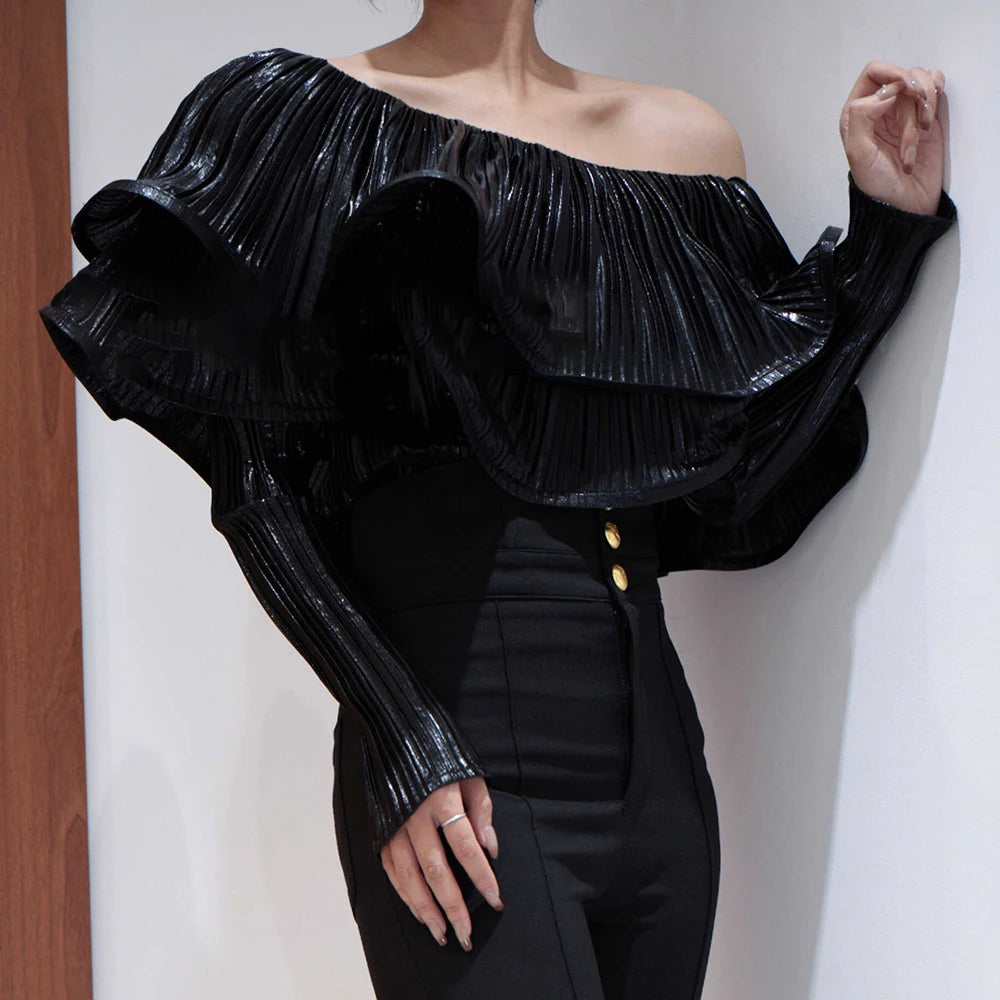 Glam Black Pleated Ruffle Top
