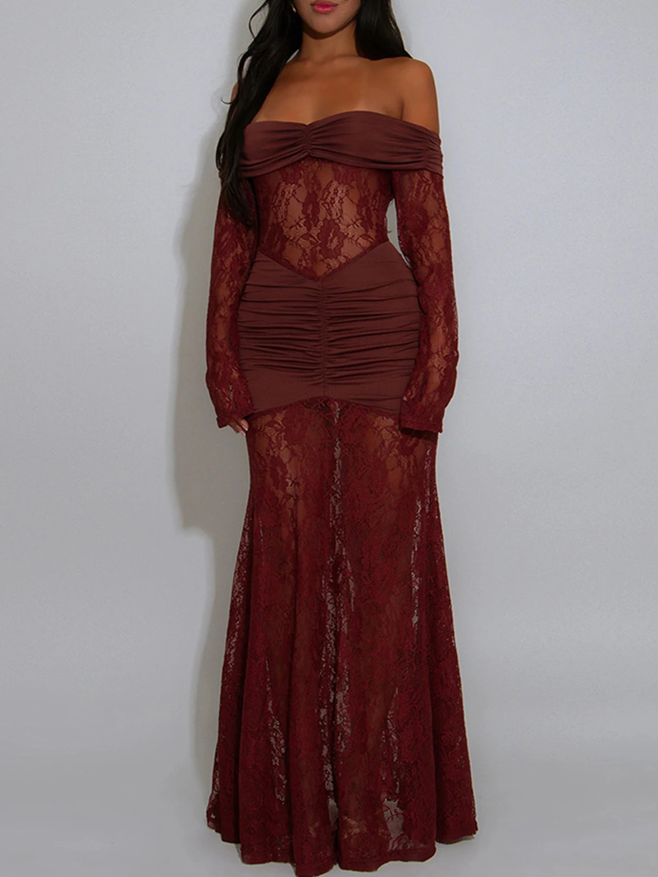 Evelyn See Through Lace Wine Maxi Dress