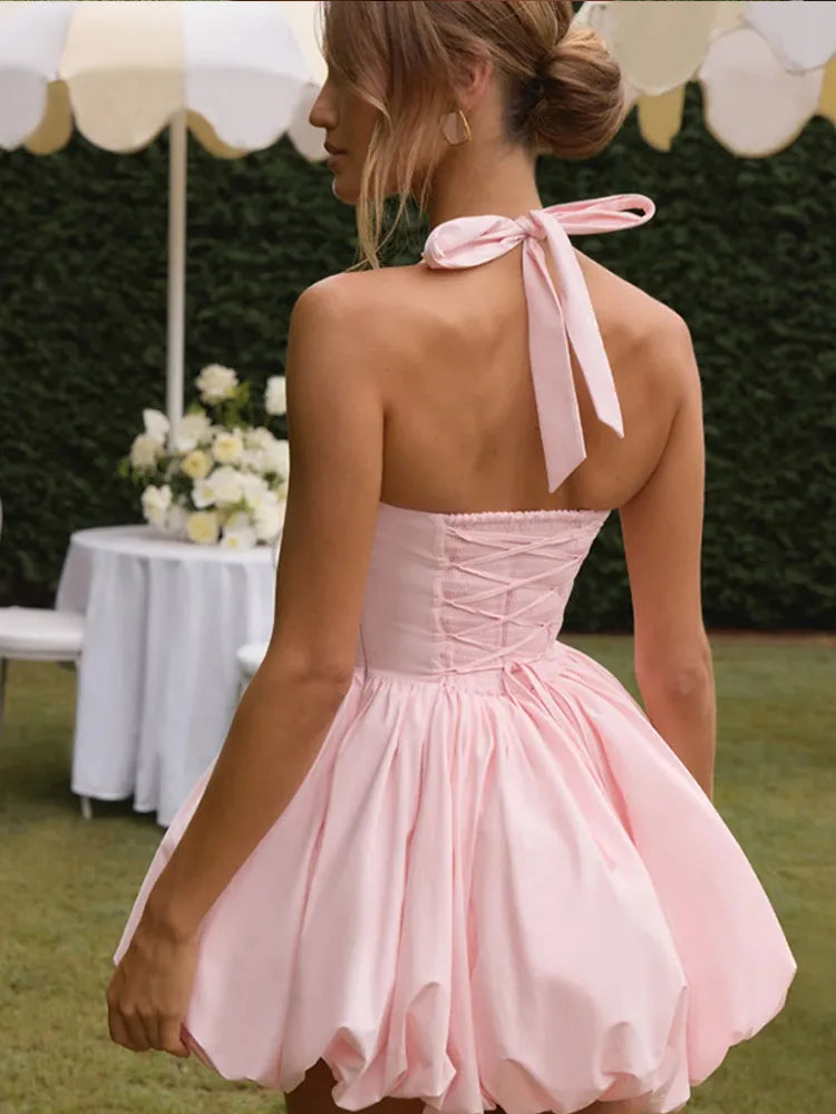 Camellia Pink Bubble Hem Mini Dress