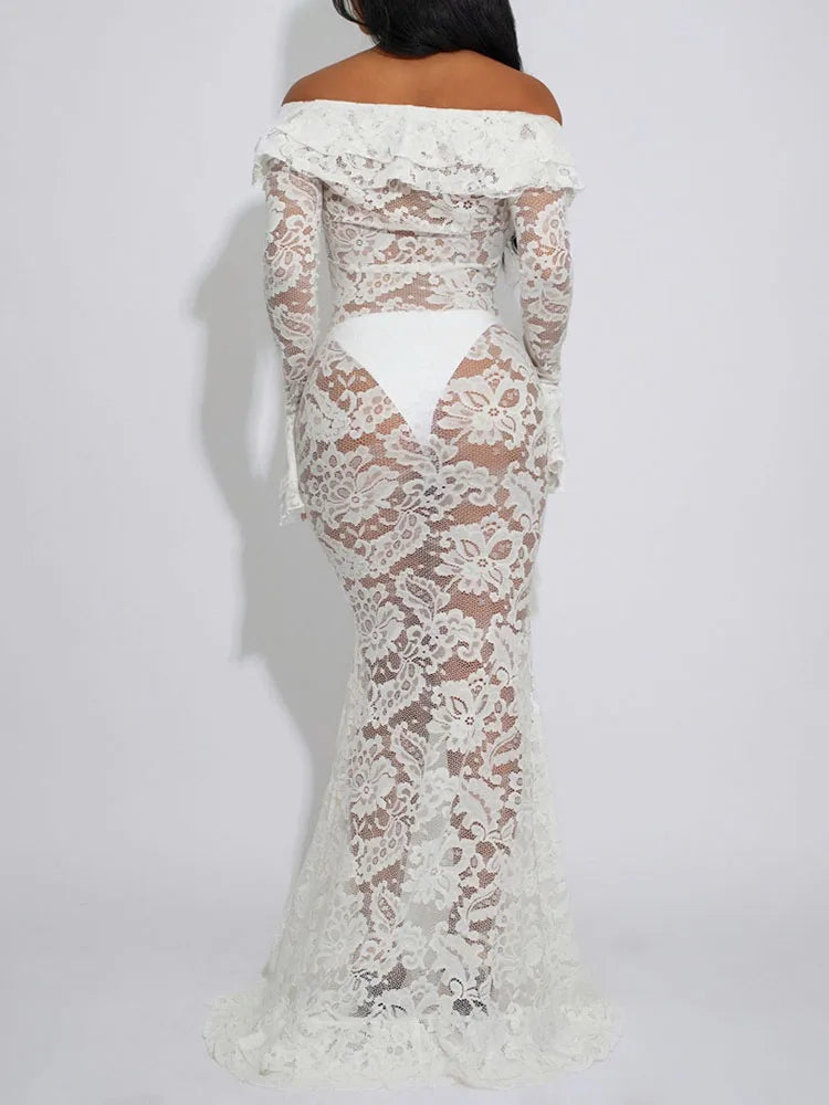 Carmen White Sheer Lace Maxi Dress