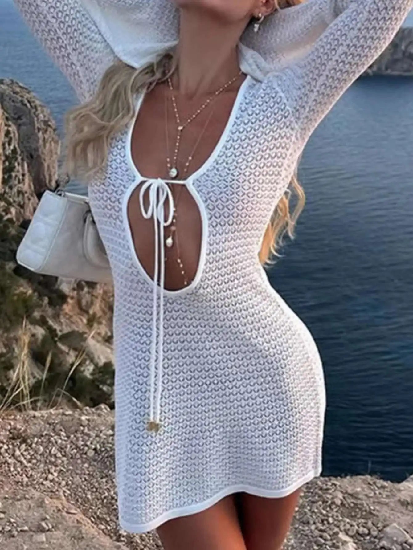 Santorini White Crochet Cutout Mini Dress