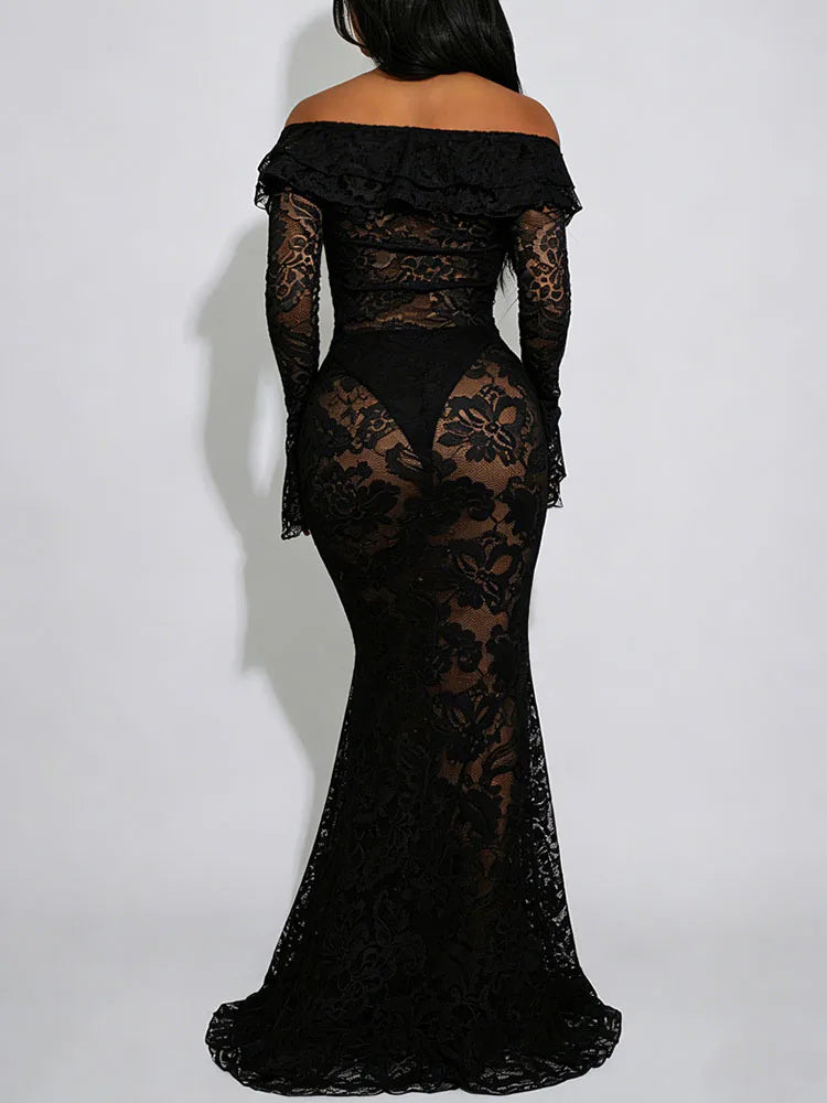 Carmen Black Sheer Lace Maxi Dress