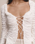 Seraphina White Ruched Lace-Up Top