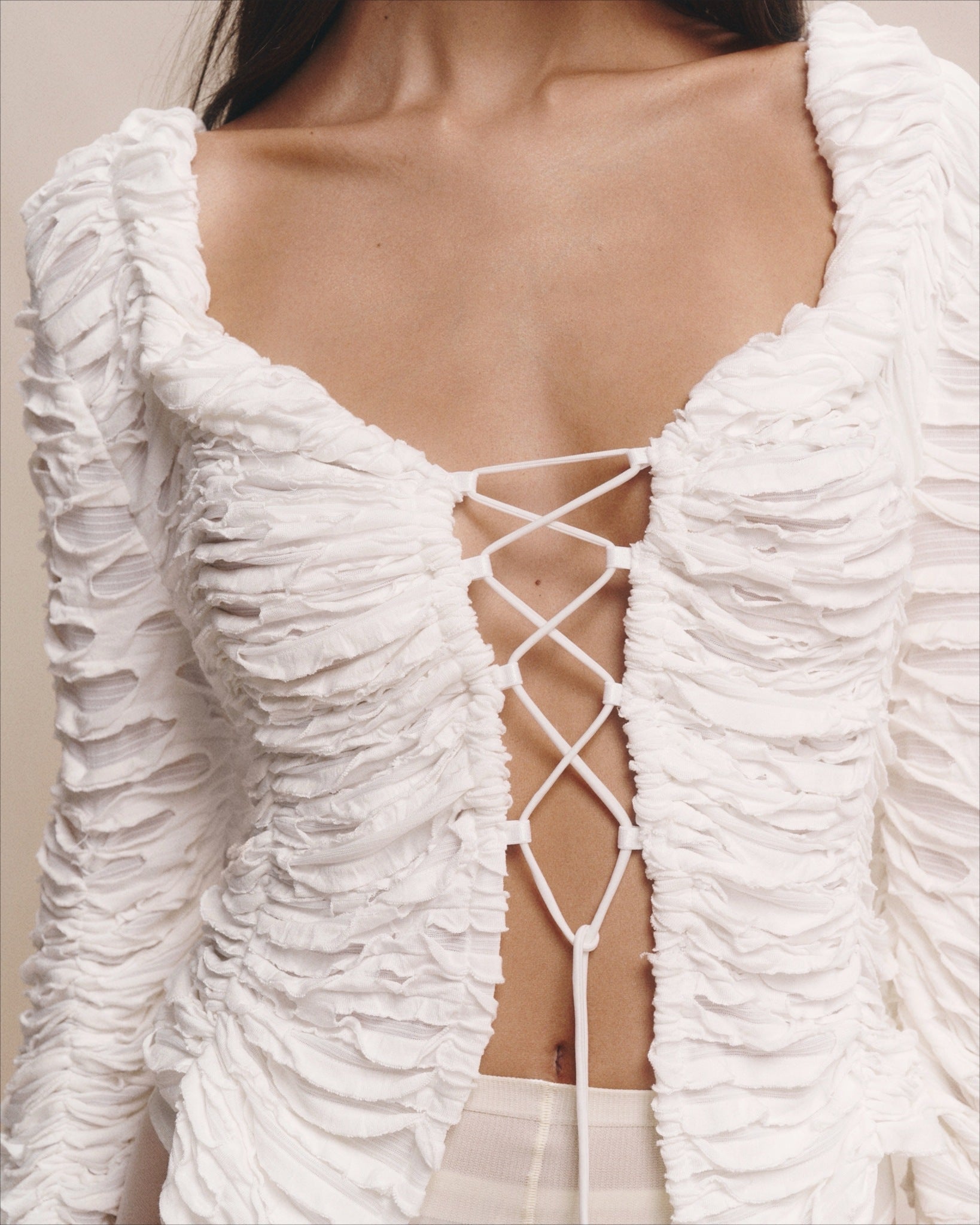 Seraphina White Ruched Lace-Up Top