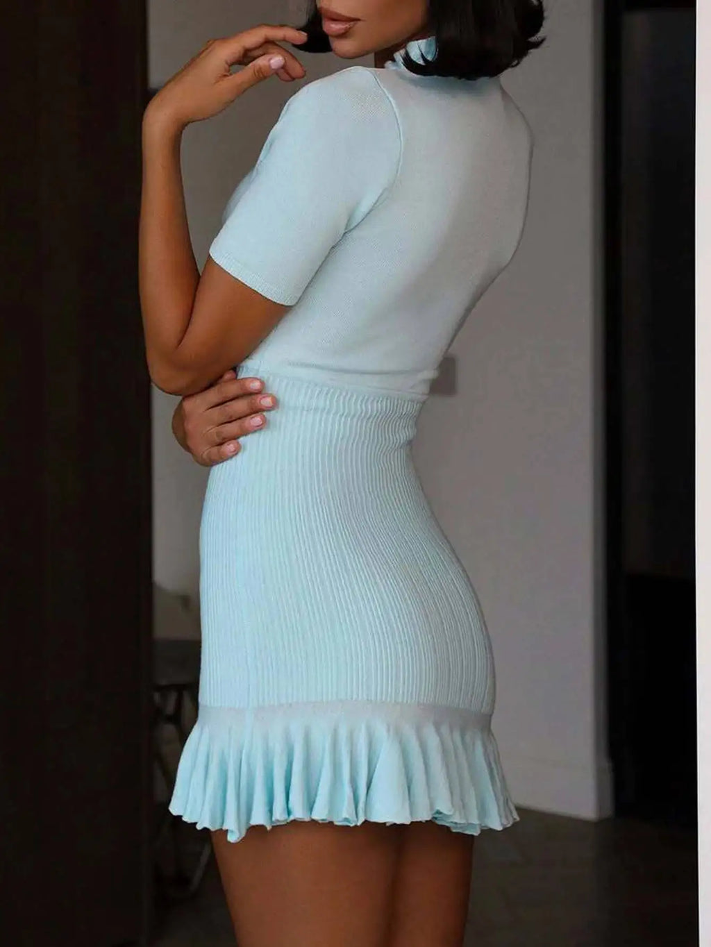 Melrose Mint Blue Ruffle Hem Mini Dress
